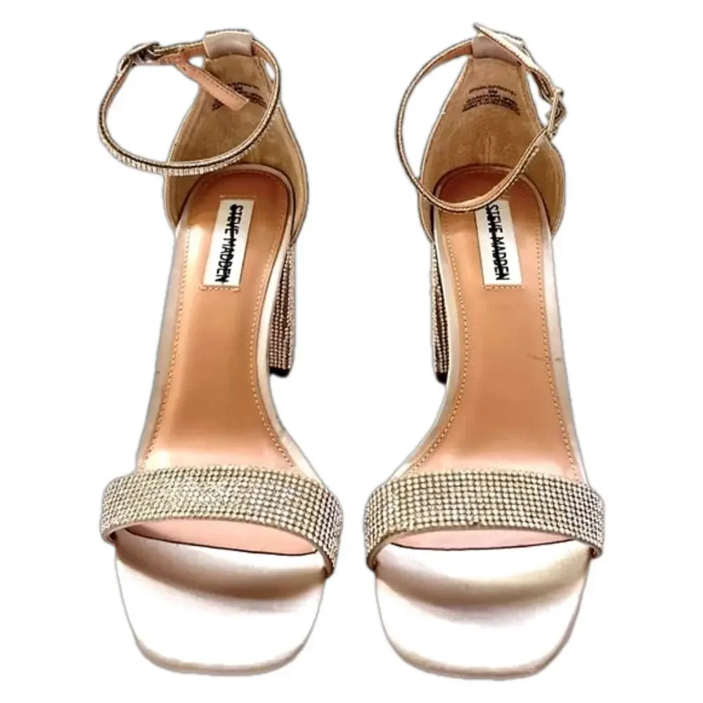 Steve Madden Spark Silver Size 9 Sandals Rhinestone Strappy Heels Ankle Strap
